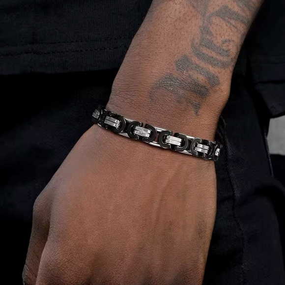 8.5mm Black Silver Link Chain Bracelets for Men Two Tone Bracelet 8” - Picture 2 of 6